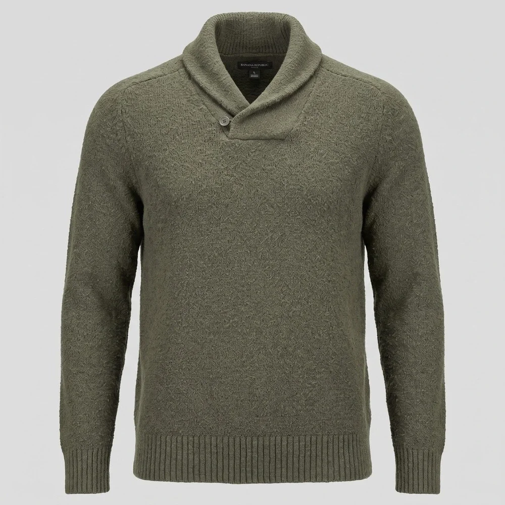 Banana Republic Mens Large Olive Green Sweater Shawl Collar Button Cotton Blend